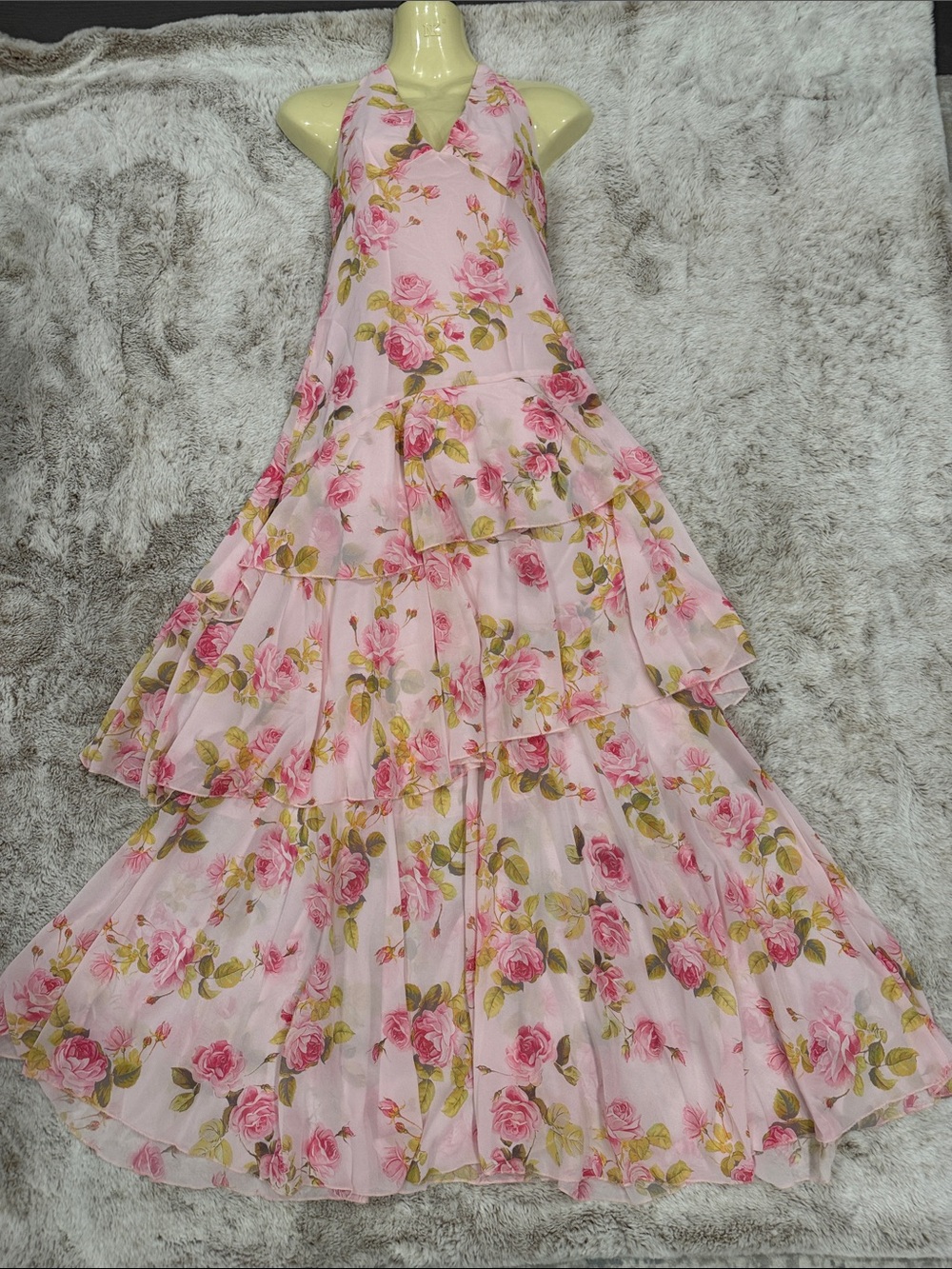 SHEIN Light Pink Floral Halter Tiered Maxi Dress